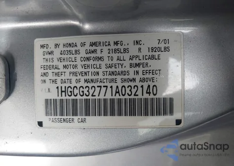 2001 Honda Accord 2.3 Ex из США, поврежденный, VIN 1HGCG32771A032140